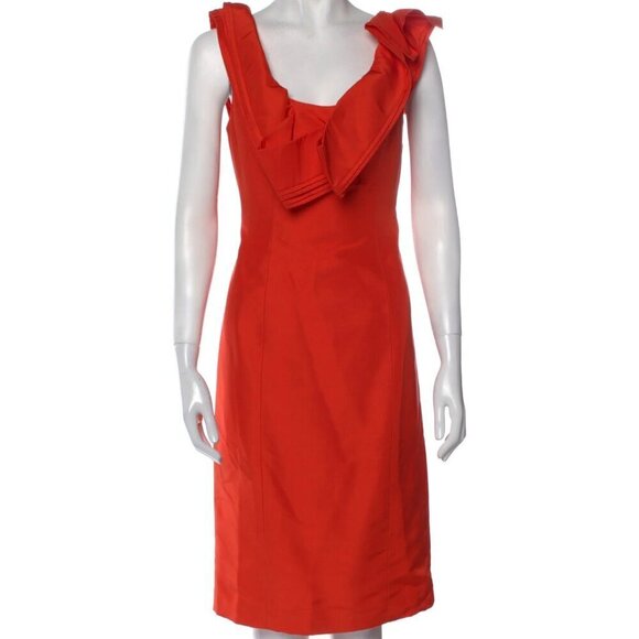 New Carolina Herrera On/Off Shoulder Silk Red Orange Cocktail Midi Dress 8 US - Picture 1 of 3